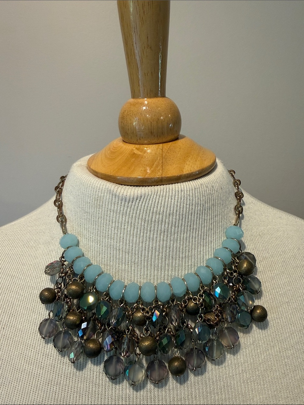 Statement Bib Necklace - Light Blue Beads with Iridescent Charms